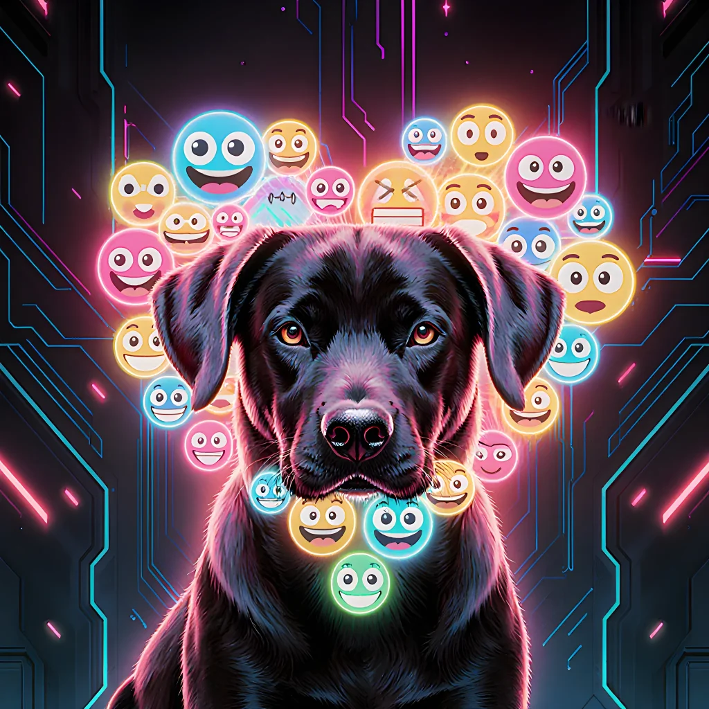 Illustration of a dog’s heartbeat waveform morphing into a colorful emotion map, symbolizing AI decoding canine heartbeats