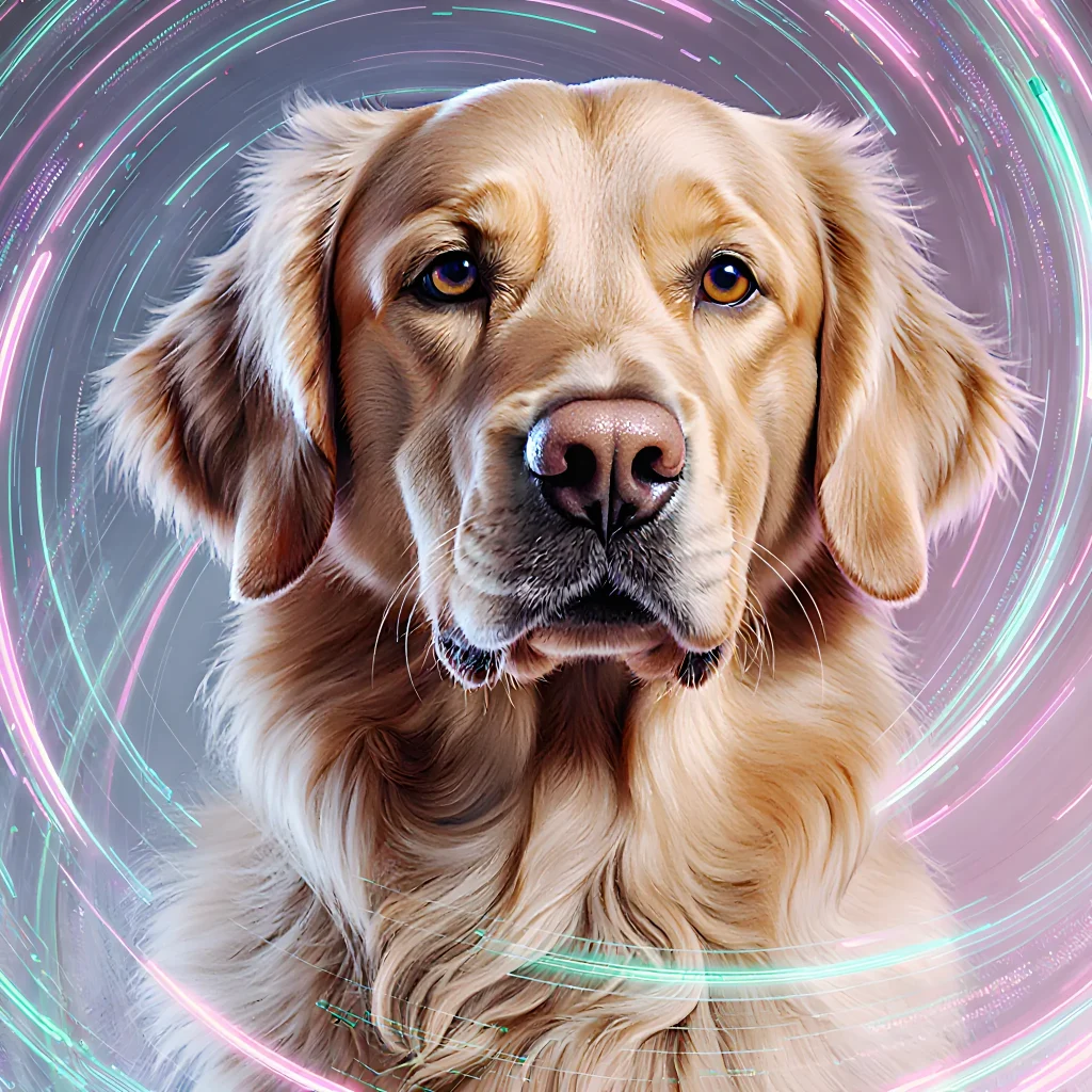 A happy dog sitting beside a laptop displaying an AI interface, symbolizing smart, stress-free pet care