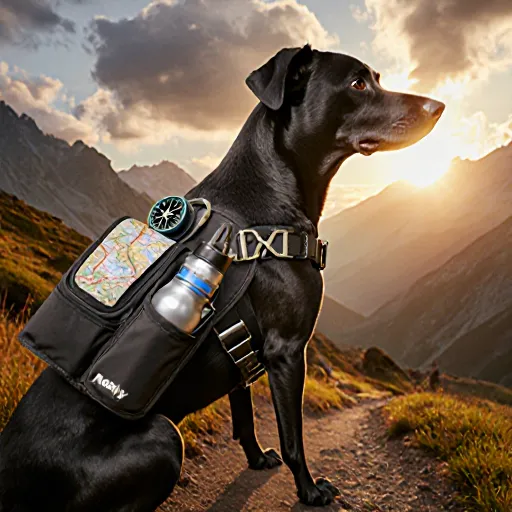 A cheerful dog wearing a backpack sits beside a car window, surrounded by travel accessories like a collapsible bowl, harness, and a compact sleeping pad.