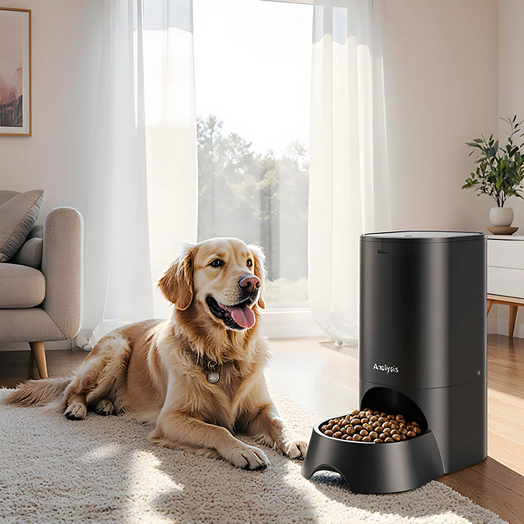 A cheerful golden retriever wearing a smart collar while a tablet screen displays a pet care app
