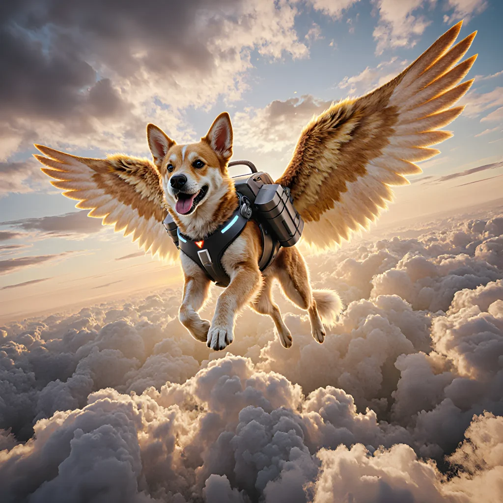 A cheerful dog wearing a small flight cap perched on an airplane seat, with travel safety signs in the background