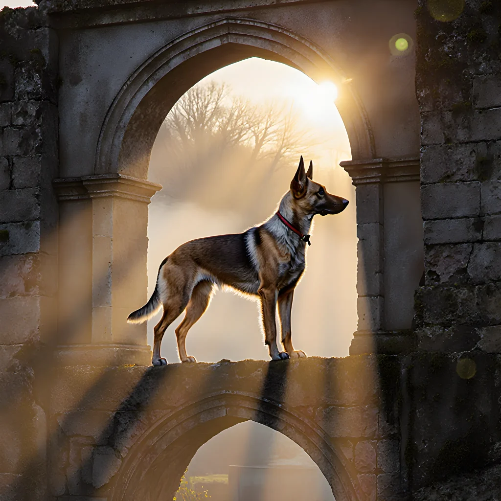 Illustration of a medieval hunting dog beside a parchment map, symbolizing the influence of ancient canines on historical revolutions