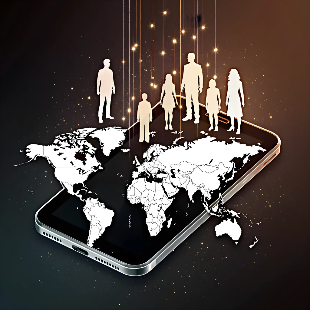 A vibrant illustration of people from different cultures linking hands across a stylized world map, symbolizing global intimate connections through mobile apps