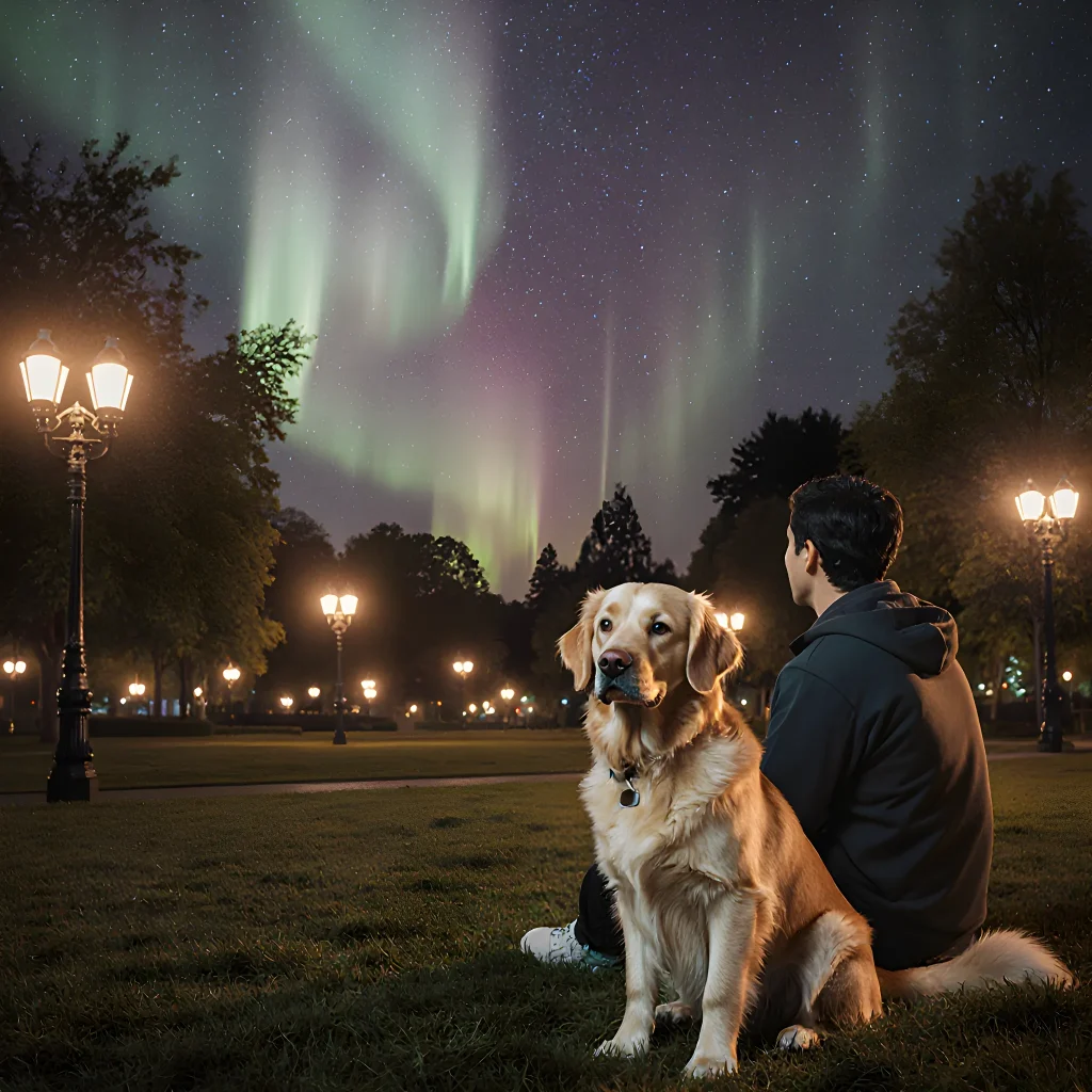 A calm dog sitting beside its owner in a sunny backyard, illustrating command-free training techniques
