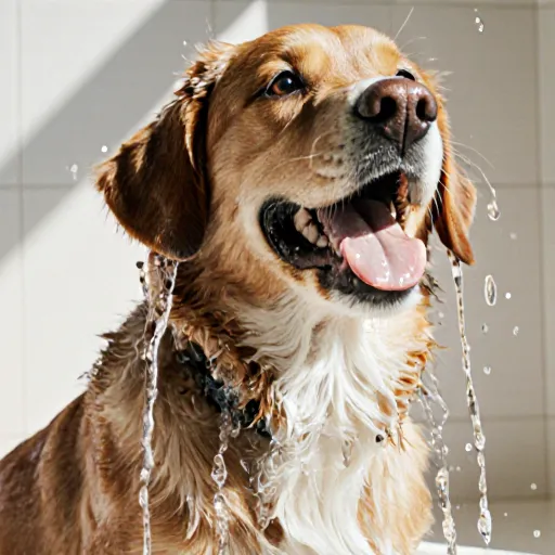 Image of a dog sitting in a bathtub with towels nearby, highlighting common bathing mistakes