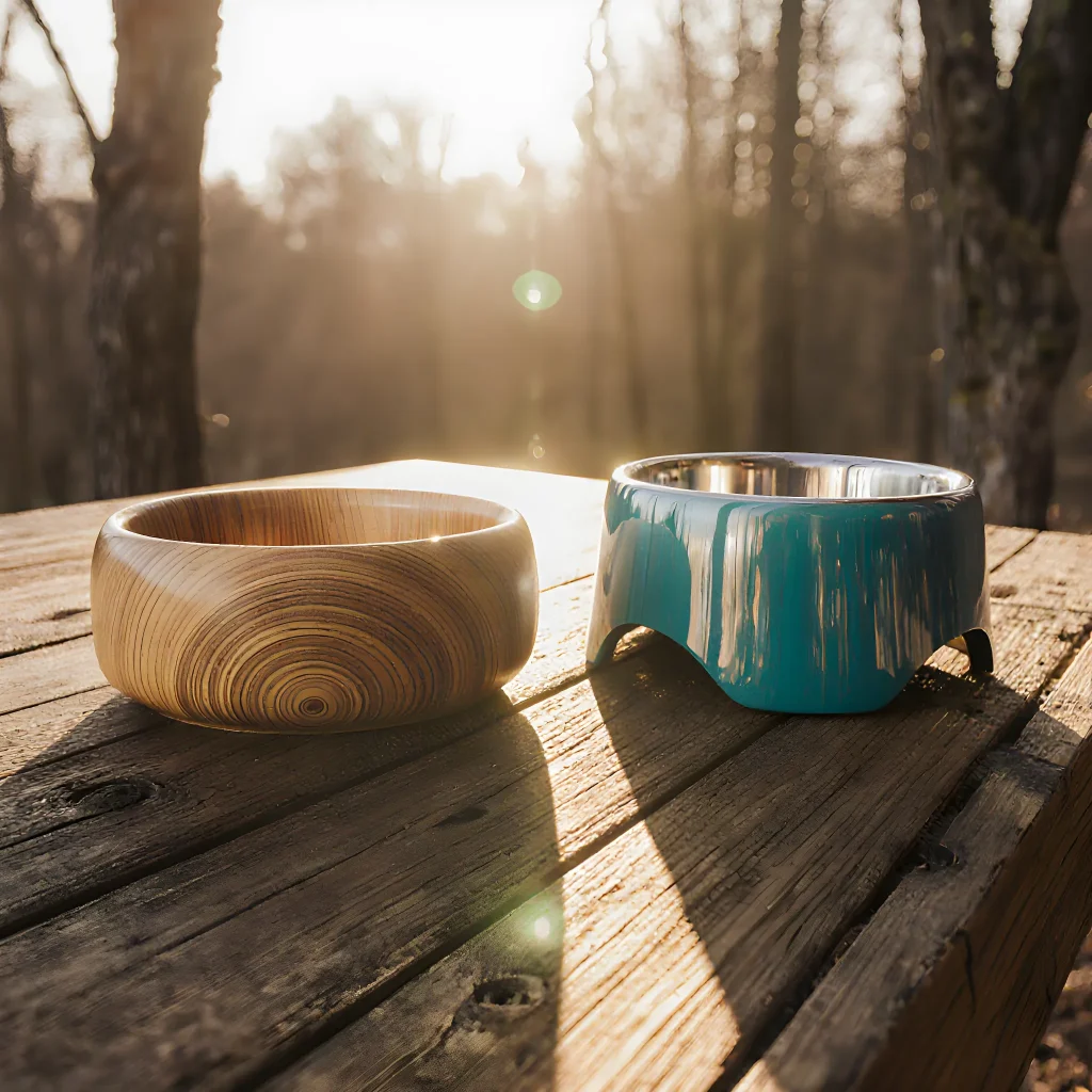 Side-by-side comparison of a sleek bamboo dog bowl and a modern bioplastic bowl resting on a kitchen countertop