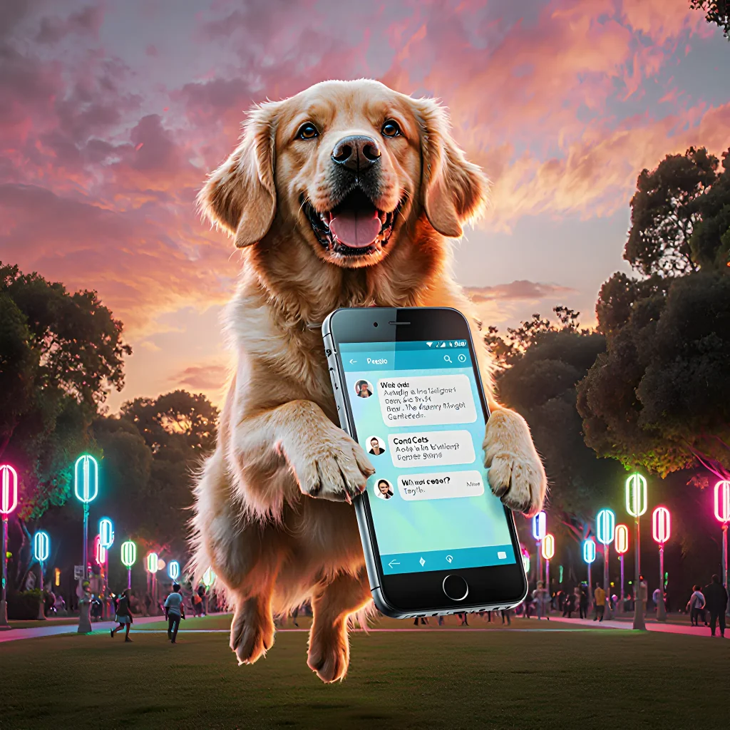 A stylish illustration of a modern dog app interface with vibrant icons, showing paw prints, heart monitors, and training timers, set against a sleek digital background
