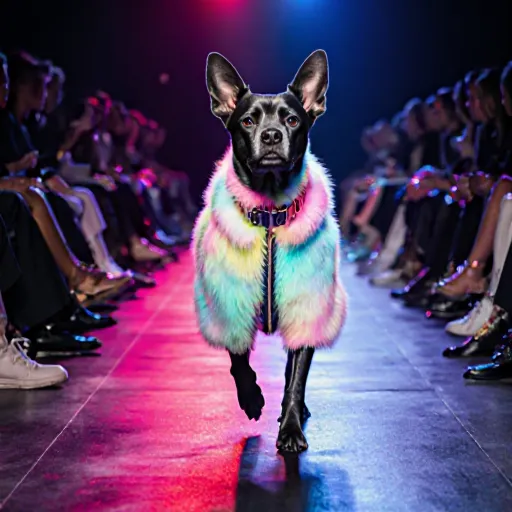 A stylish dog wearing a fashionable collar and jacket from Bark‑Bold Boutique, strutting confidently on a city sidewalk
