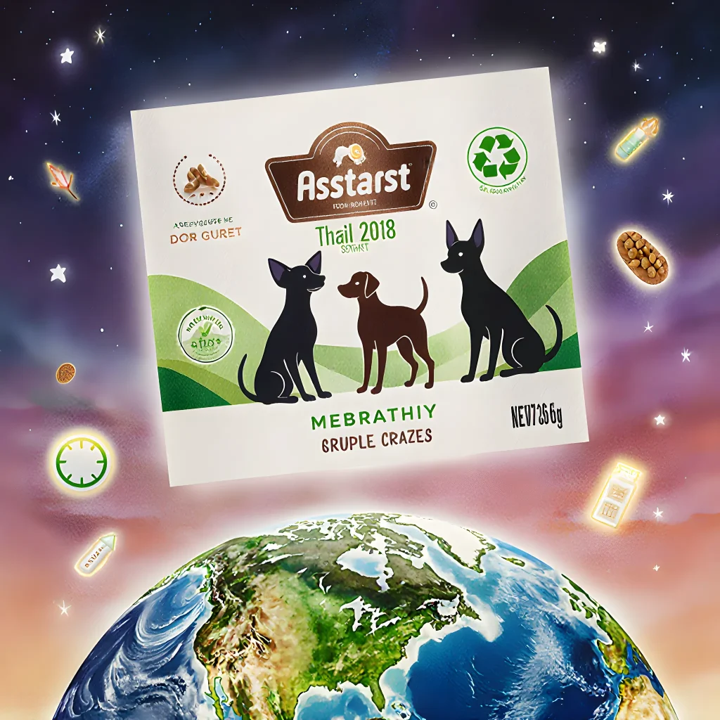 A modern dog food package with eco-friendly label design featuring vibrant green leaves and a stylized paw print, symbolizing sustainable pet nutrition