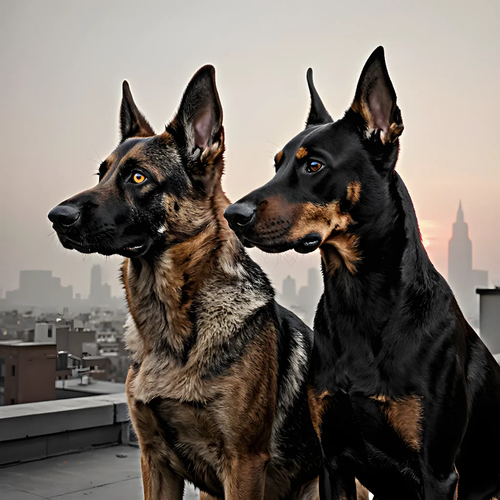A professional police dog and handler working together on a training exercise, showcasing strong bond and precision