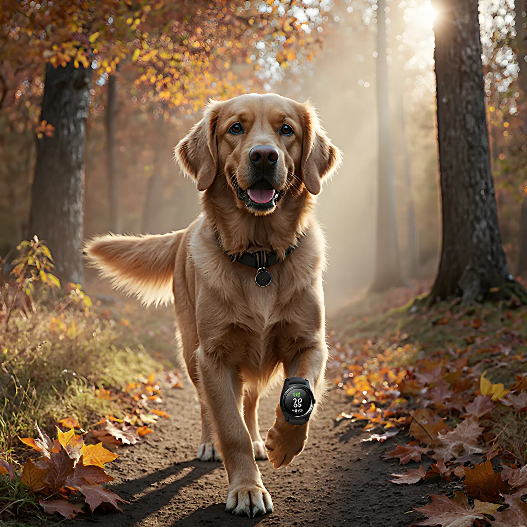 A happy dog wearing a travel vest standing beside its owner on a scenic trail with smartphone in hand, showcasing a dog‑focused travel app.
