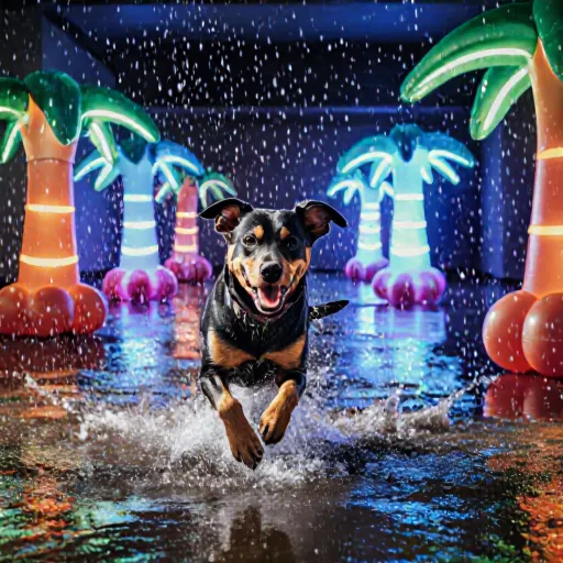 A playful dog running inside a bright living room with a colorful raincoat, surrounded by toys and a cozy blanket, illustrating indoor fun for wet weather.