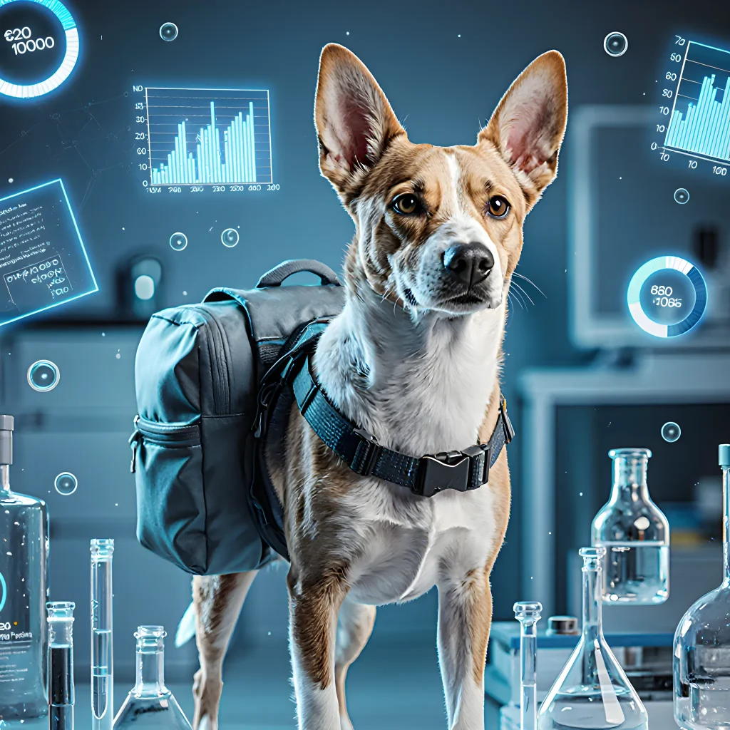 Illustration of a dog standing on a stack of scientific charts and graphs, symbolizing the study of emotional burdens carried by pets.