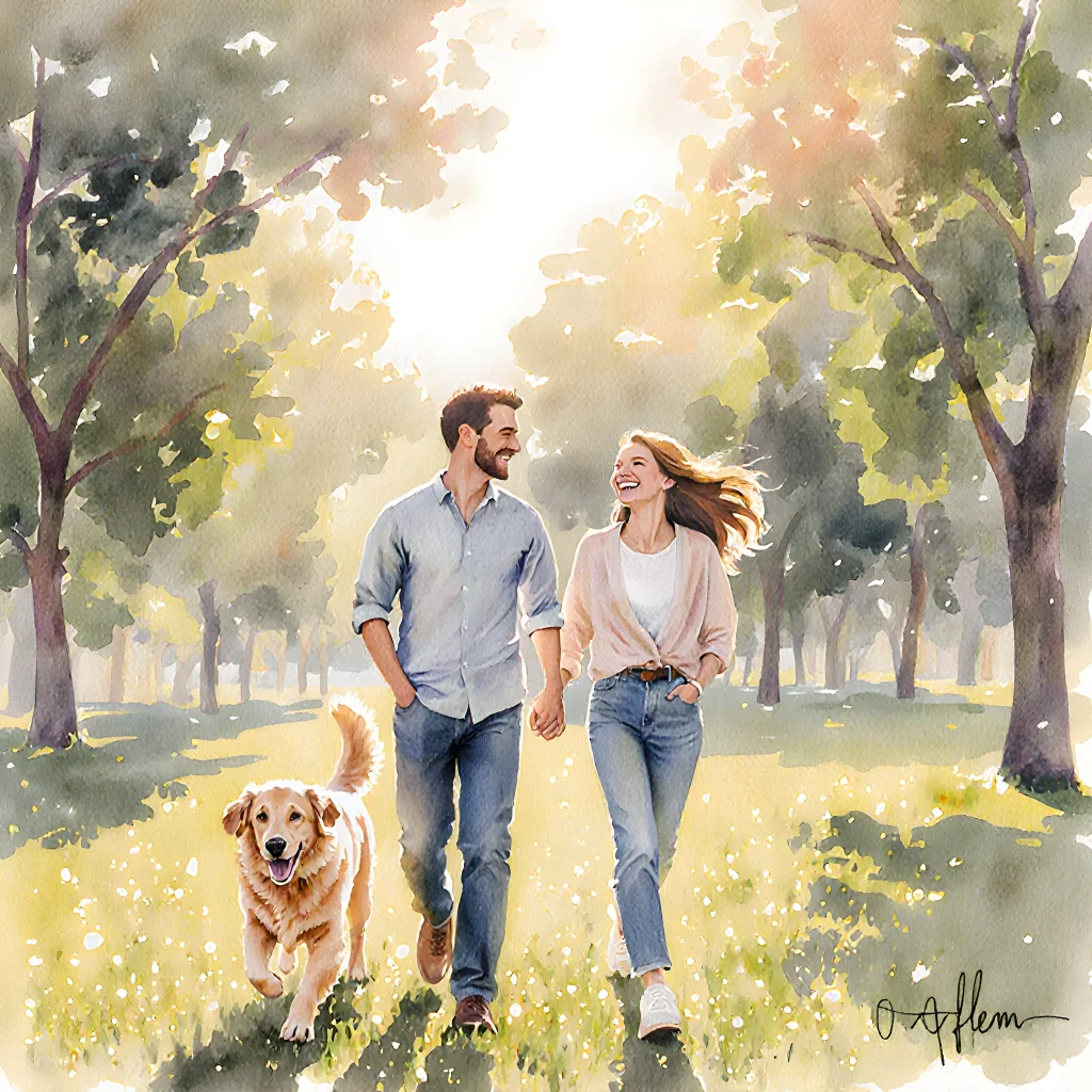 A happy couple walking hand‑in‑hand with their loyal dog, showcasing the bond of love and companionship.
