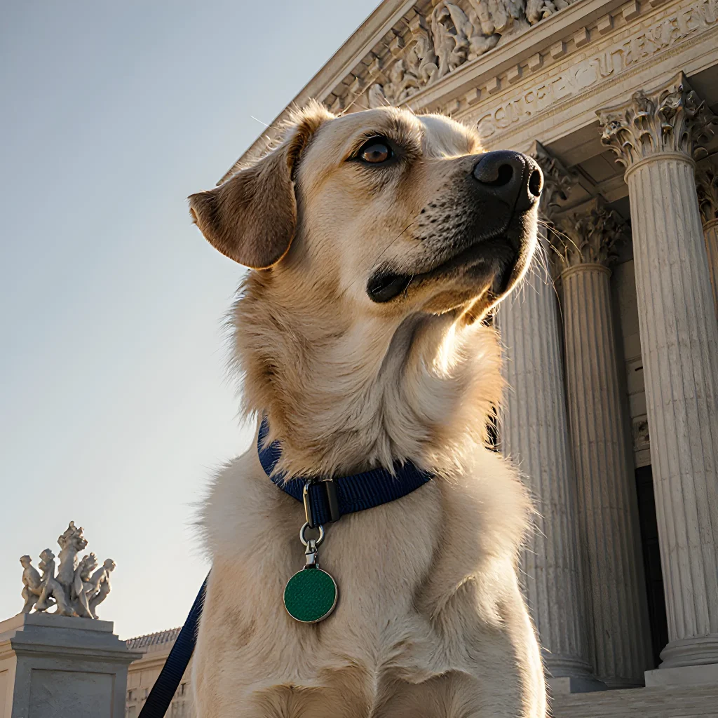 Therapy dog in a calm setting with a legal document, illustrating the intersection of law and animal-assisted therapy.