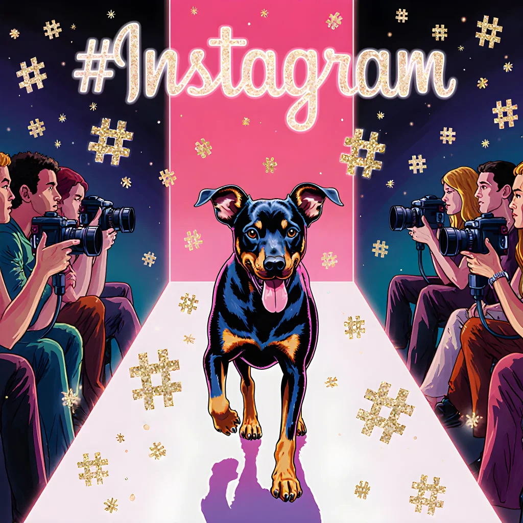 A vibrant Instagram post featuring a fashionable dog in chic boutique attire surrounded by stylish accessories