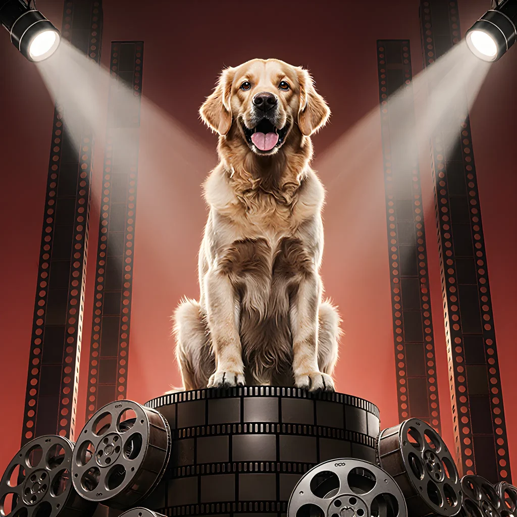 A playful golden retriever sitting on a movie theater seat, surrounded by popcorn and film reels, symbolizing the best dog-themed movies.