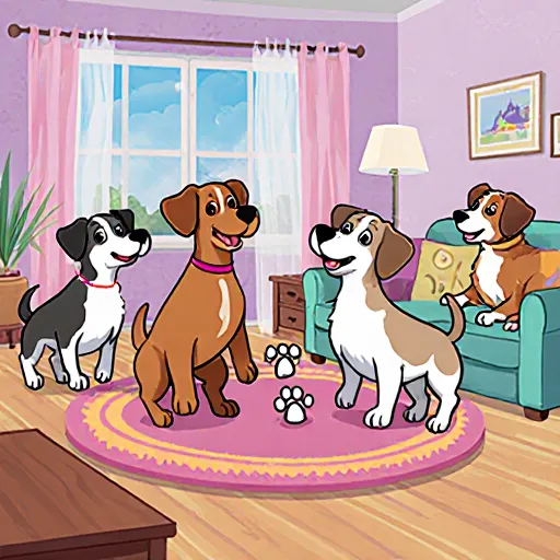 A playful dog running inside a bright living room with toys scattered around, showcasing an energetic indoor play scene