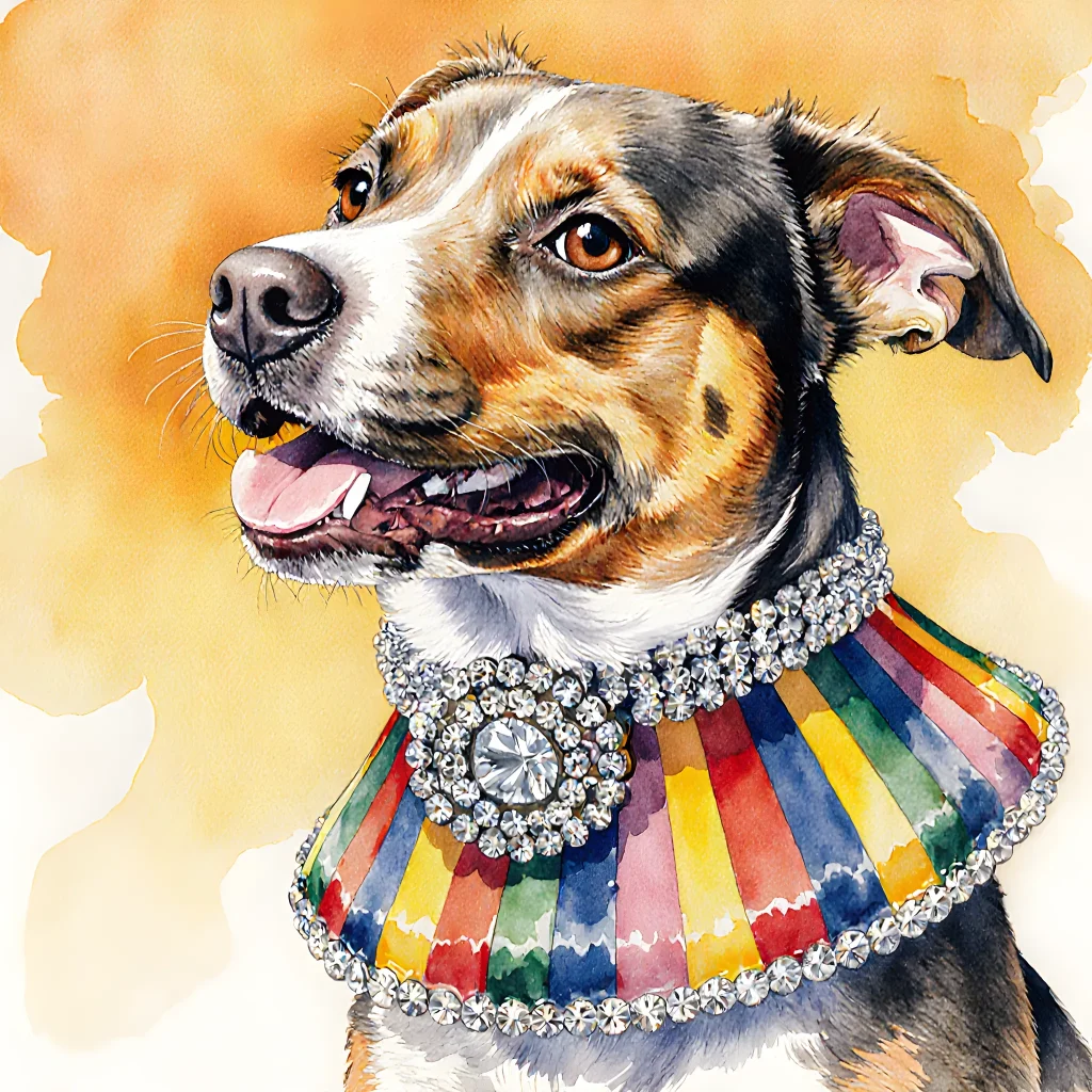 A happy dog wearing a brightly colored designer collar and matching outfit, standing on a colorful street backdrop