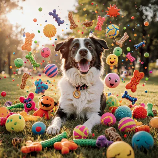 A colorful assortment of dog toys featuring bright balloons, rubber bones, and squeakers arranged on a wooden floor, showcasing the Bark-Burst Bonanza line.