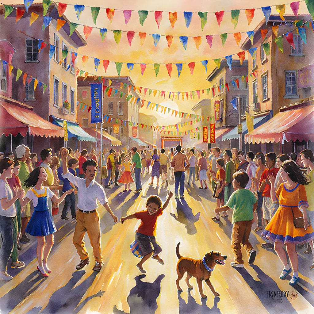A lively street festival featuring colorful banners, dogs in festive costumes, and crowds enjoying music and games