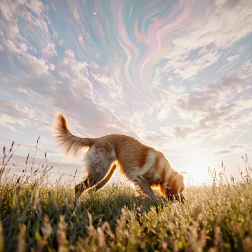Illustration of a dog performing a yoga pose on a mat while a calm human watches nearby