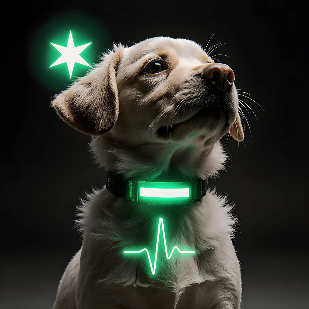 BarkHealth Beacon device attached to a dog collar with a smartphone displaying live activity metrics.