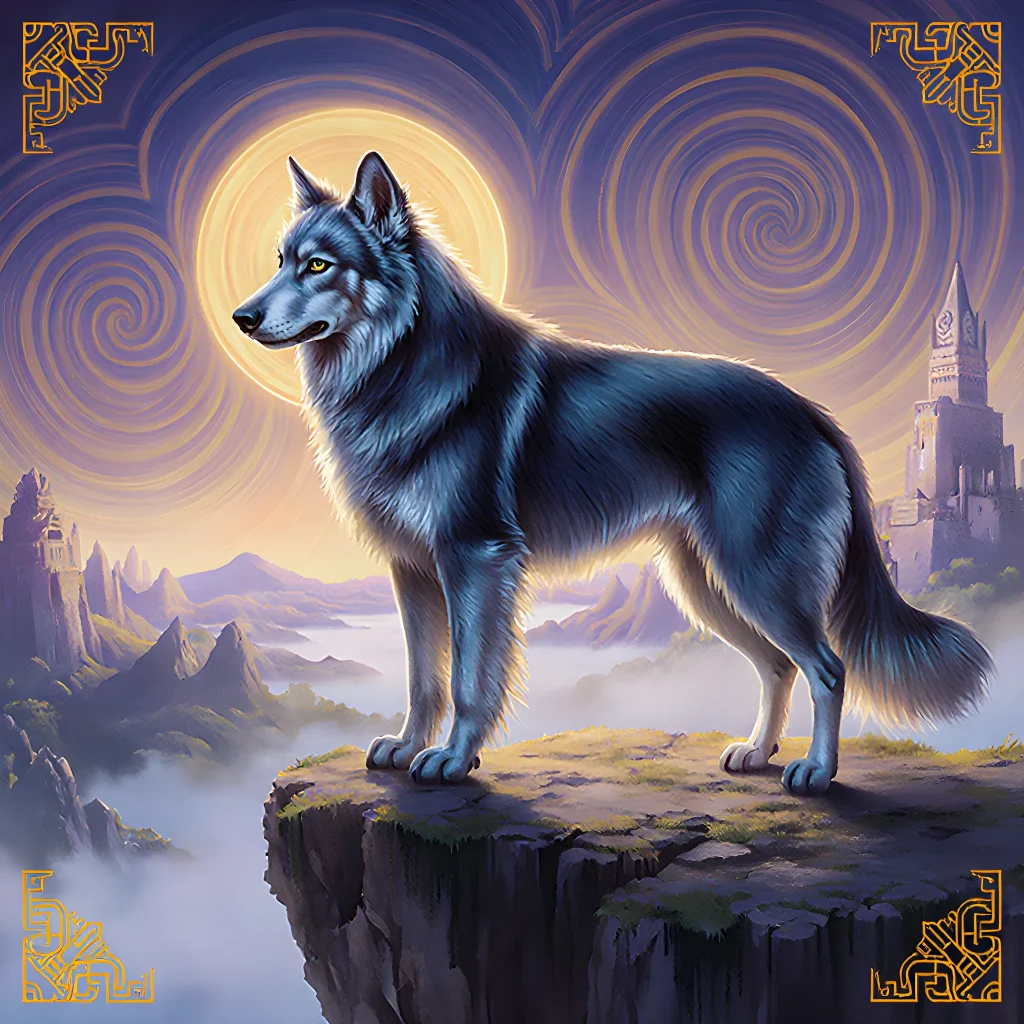 Illustration of a mystical dog surrounded by exotic symbols and folklore elements, representing rare canine legends from faraway cultures