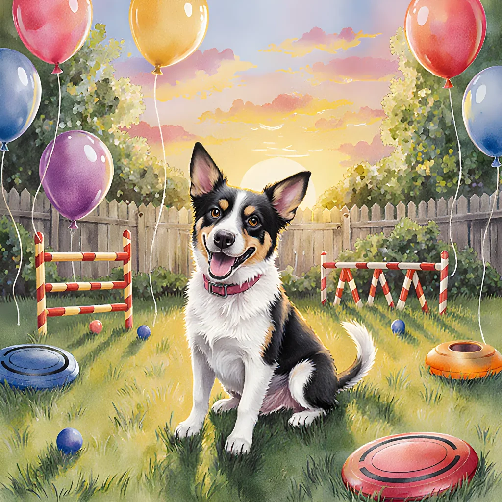 A happy dog playing with interactive toys in a sunny living room and chasing balls on a grassy yard.