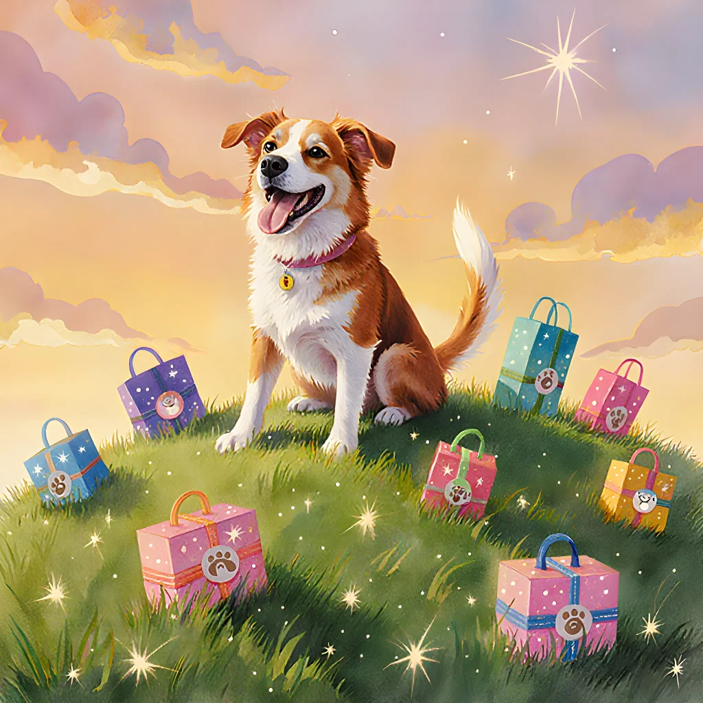 A happy outdoor dog wearing a custom adventure kit with toys and treats