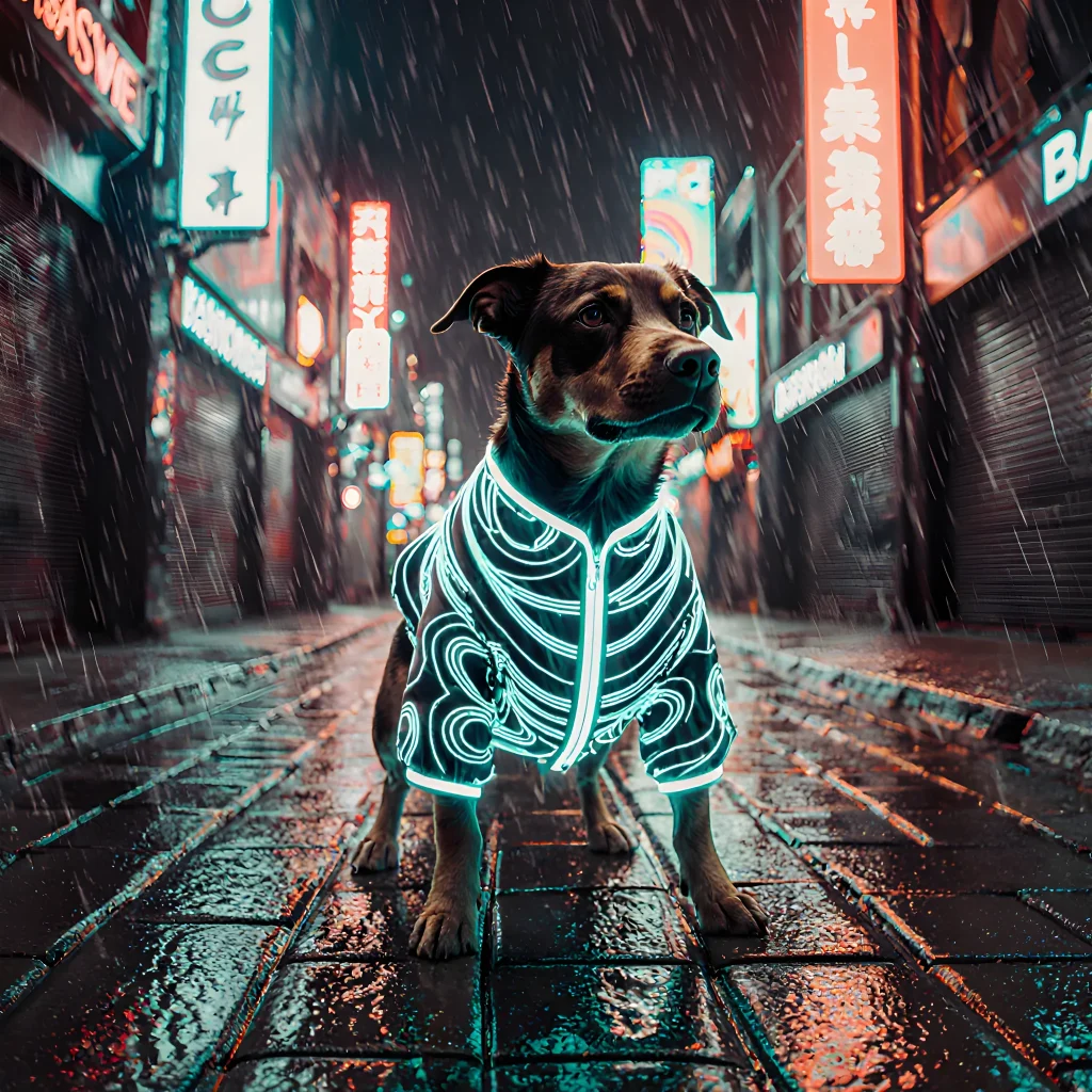 A fashionable dog wearing a vibrant band‑inspired jacket, standing beside a glowing bass speaker with dynamic lighting