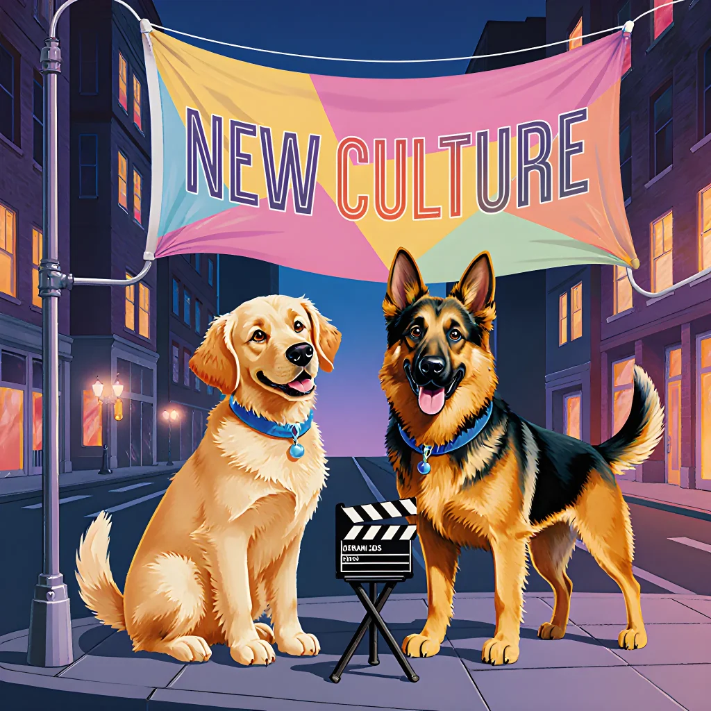 A group of diverse dogs sitting in a circle, surrounded by symbolic items like books, paintbrushes, and microphones, illustrating the idea that they are creating new cultural stories.