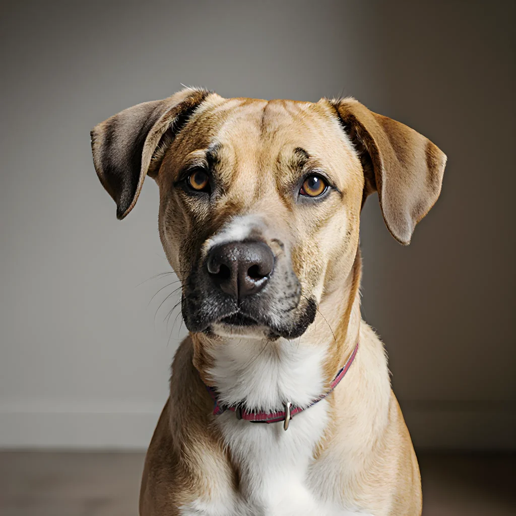 A hopeful adult dog standing in a bright shelter waiting room, looking directly at the camera with a friendly expression