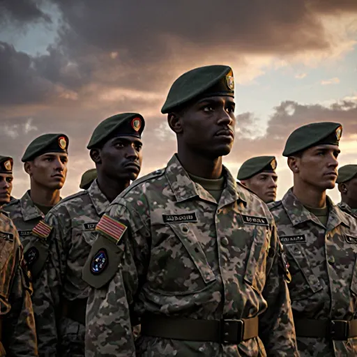 A powerful image of a diverse group of military personnel standing together in front of a sunrise, symbolizing bravery and unity