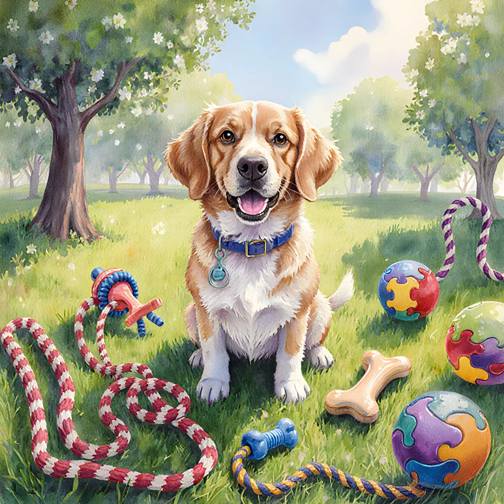 A collage of colorful dog toys, including puzzle balls and interactive chew sticks, arranged around a playful dog with bright eyes