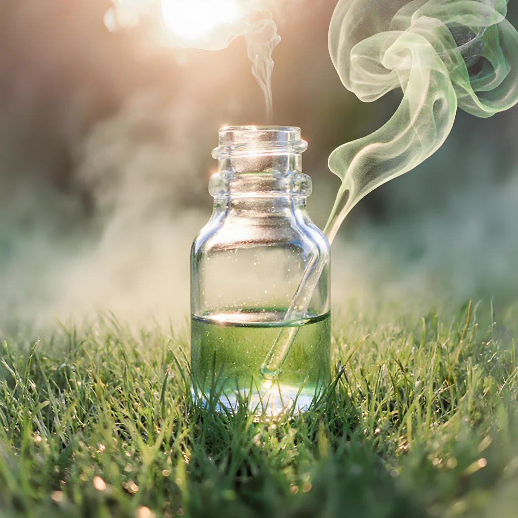 A serene scene of a clean indoor space with fresh plants and an essential oil diffuser emitting soothing vapor, symbolizing toxin-free aromatherapy