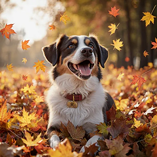 A bright, colorful scene featuring a playful dog surrounded by splashes of rainbow hues