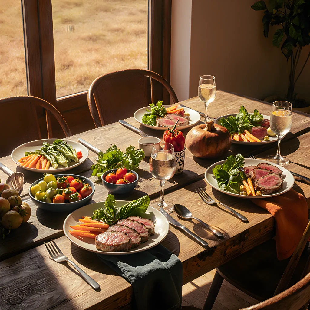 A vibrant bowl of sustainably sourced, affordably priced dishes arranged on a wooden table with fresh herbs and a green label indicating ‘Budget‑Bite Bliss’