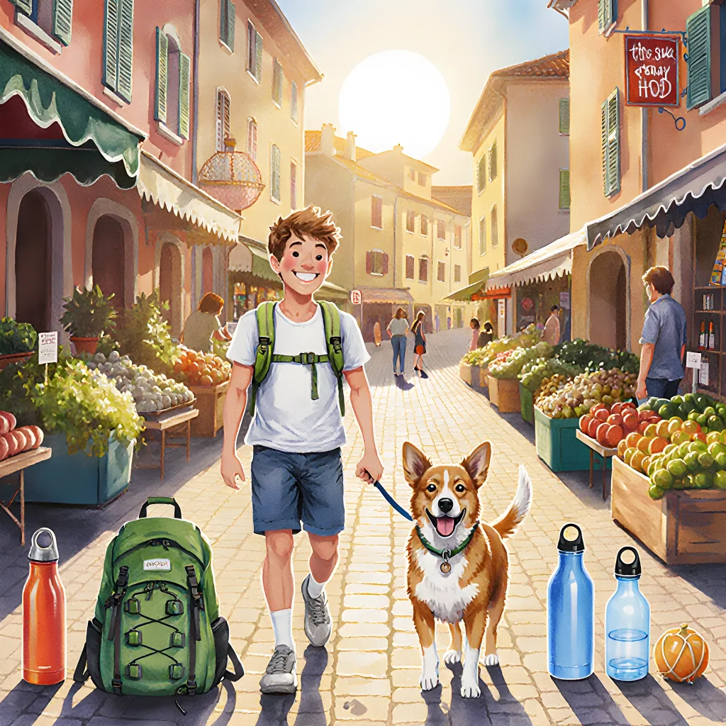 A happy dog on a travel adventure beside a suitcase, symbolizing affordable travel for pet owners