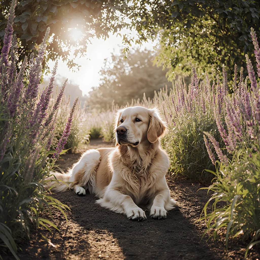 A peaceful dog lying beside a diffuser emitting gentle aromatic steam in a cozy living room