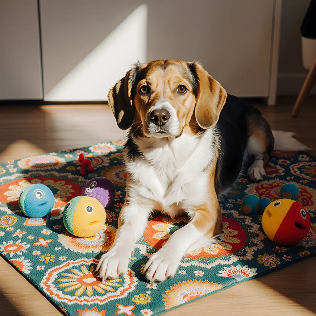 A dog happily licking a colorful mat while its owner compares a DIY version made from kitchen supplies to a commercial store‑bought lick mat