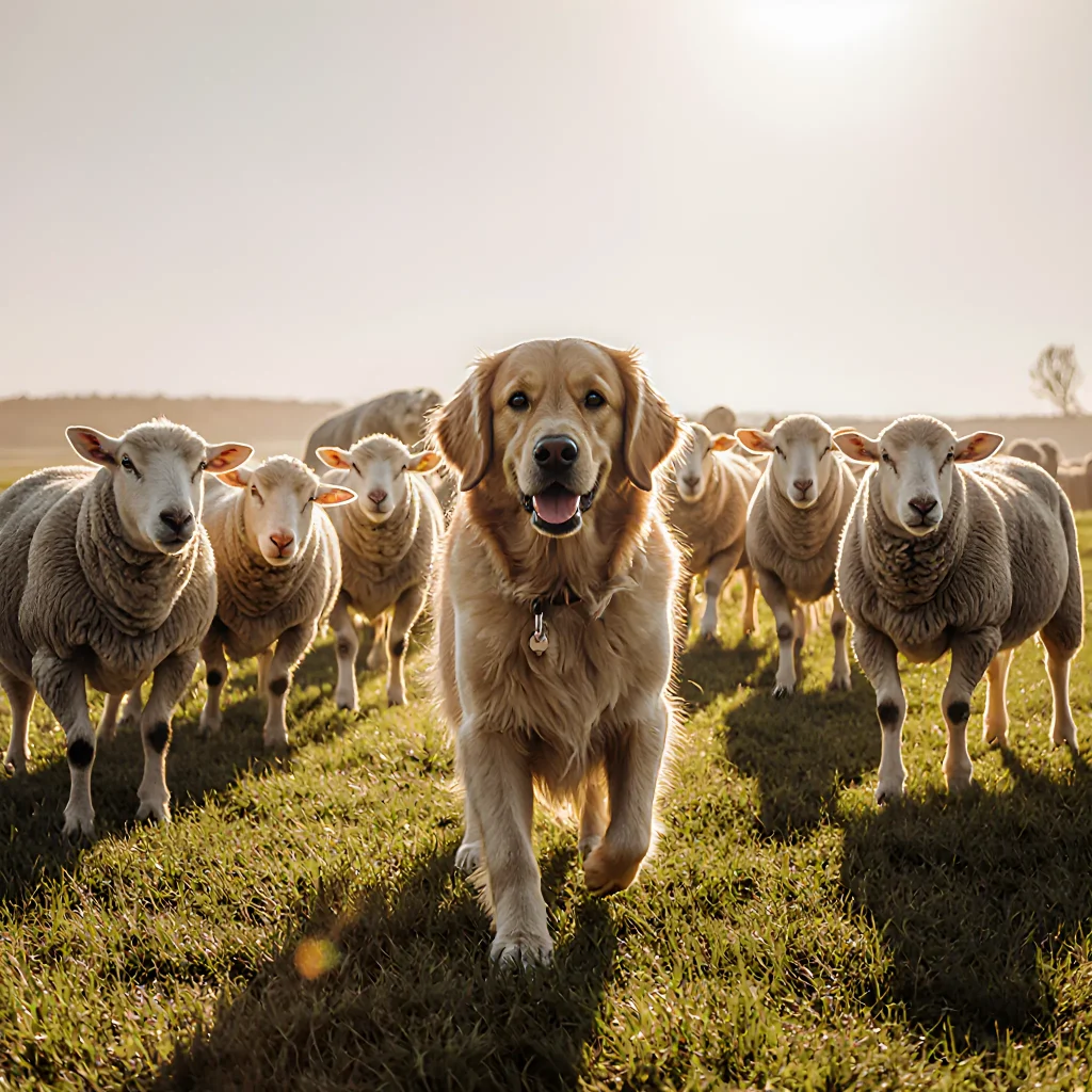 A confident golden retriever standing beside a flock of sheep on a green pasture, symbolizing herding training for dogs