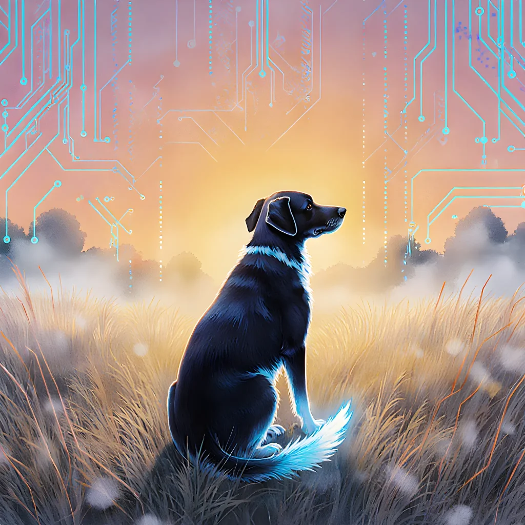 A relaxed dog with its tail wagging, sitting beside a sleek smart device that emits calming vibrations