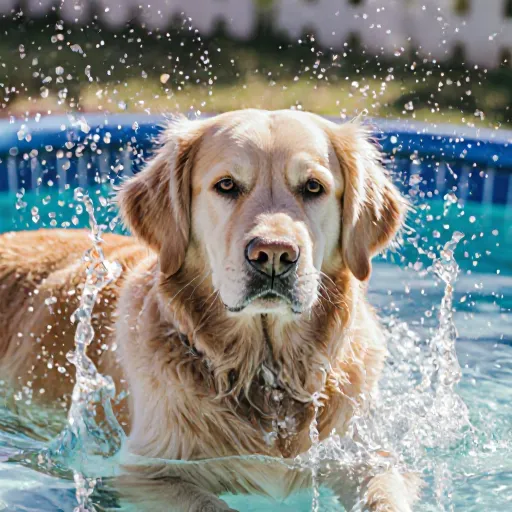 A calm dog standing beside a shallow pool, wearing a blue bandana, looking content while splashing water around