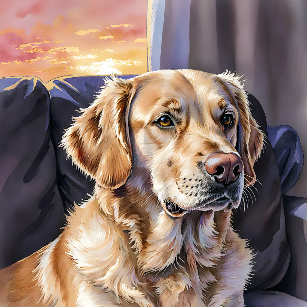 A close‑up of a golden retriever looking attentively at its owner in a living room, highlighting the dog’s expressive eyes as it senses the human’s mood