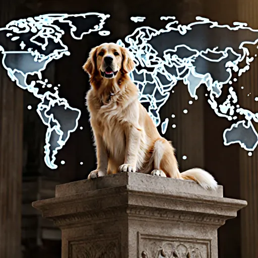Illustration of various dog breeds standing beside historic monuments, symbolizing their influence on global events