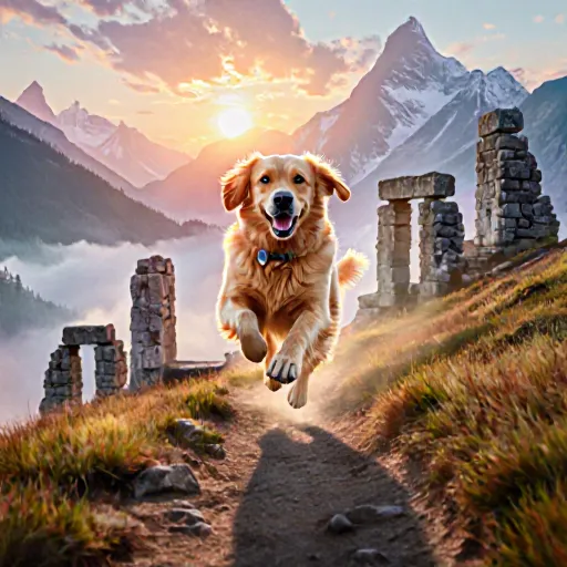A dog in a hiking backpack standing on a scenic mountain trail, looking out over lush forests and winding paths