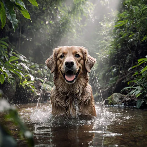 Dog swimming in a tub of green, plant‑based shampoo with botanical sprigs on the side