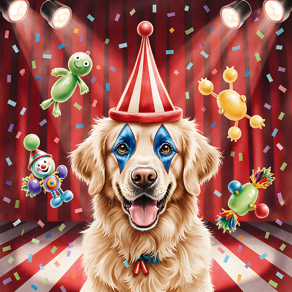 A group of dogs performing comedic tricks and playful stunts onstage, with bright lights and a cheering crowd