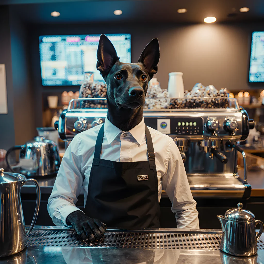 A stylish dog wearing a business tie stands beside a laptop displaying sales charts, symbolizing the growing trend of canine commerce